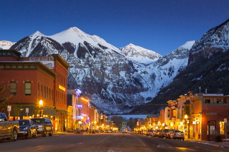 Winter Main Street, Telluride, Colorado Illuminated winter Main Street, Telluride, Colorado