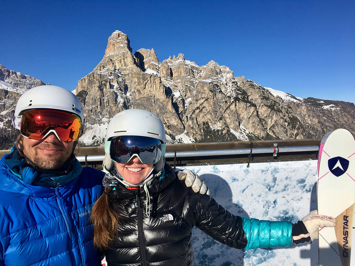 Marty & Tara Stetina against the Dolomite backdrop of Corvara, Italy.