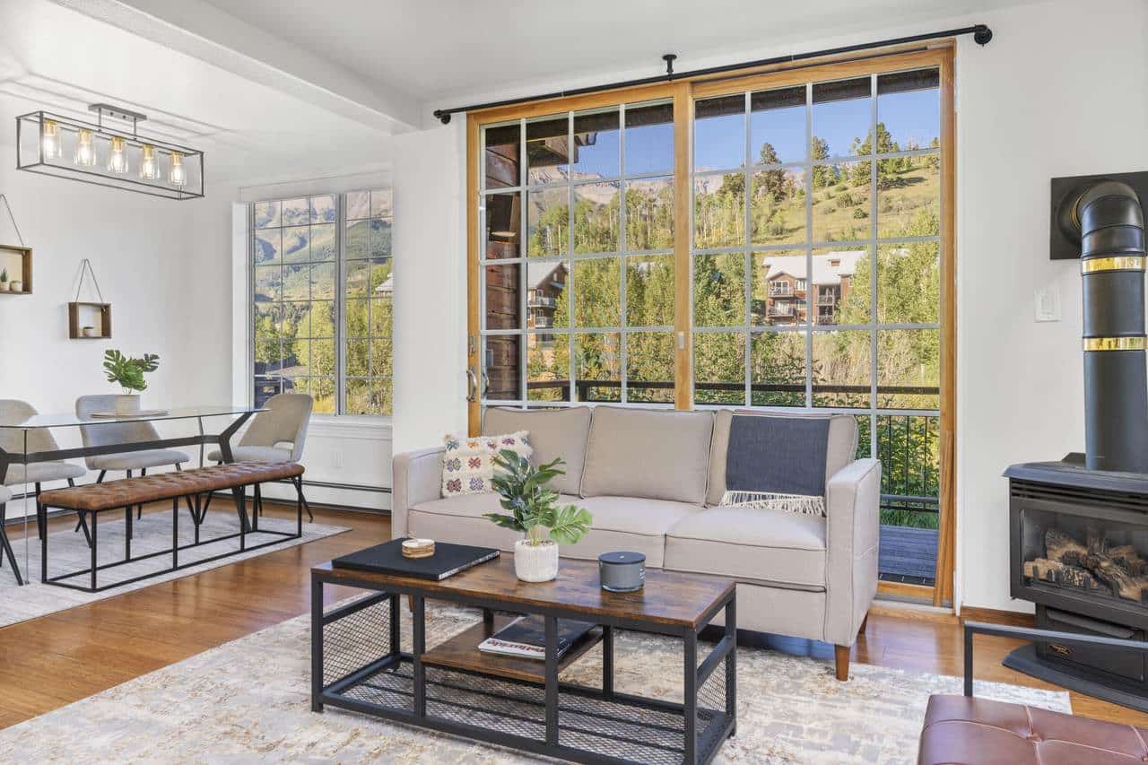 North Star Townhome bright living area with summer mountain view.