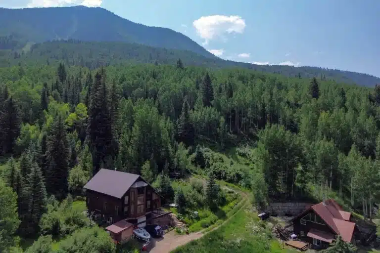 Summer aerial view of real estate listing 25 S Garfield St, 13 20, Rico, Colorado.