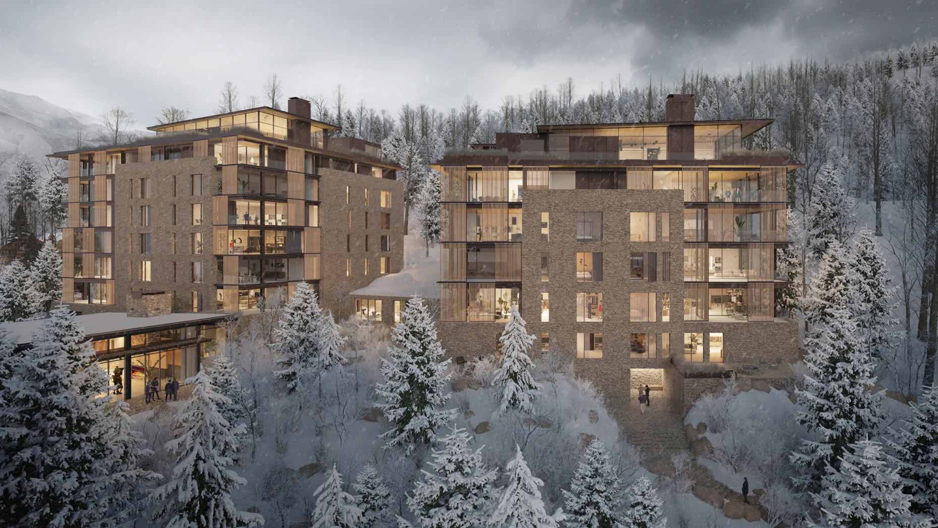 Snowy exterior rendering of planned Four Seasons Private Residences Telluride.