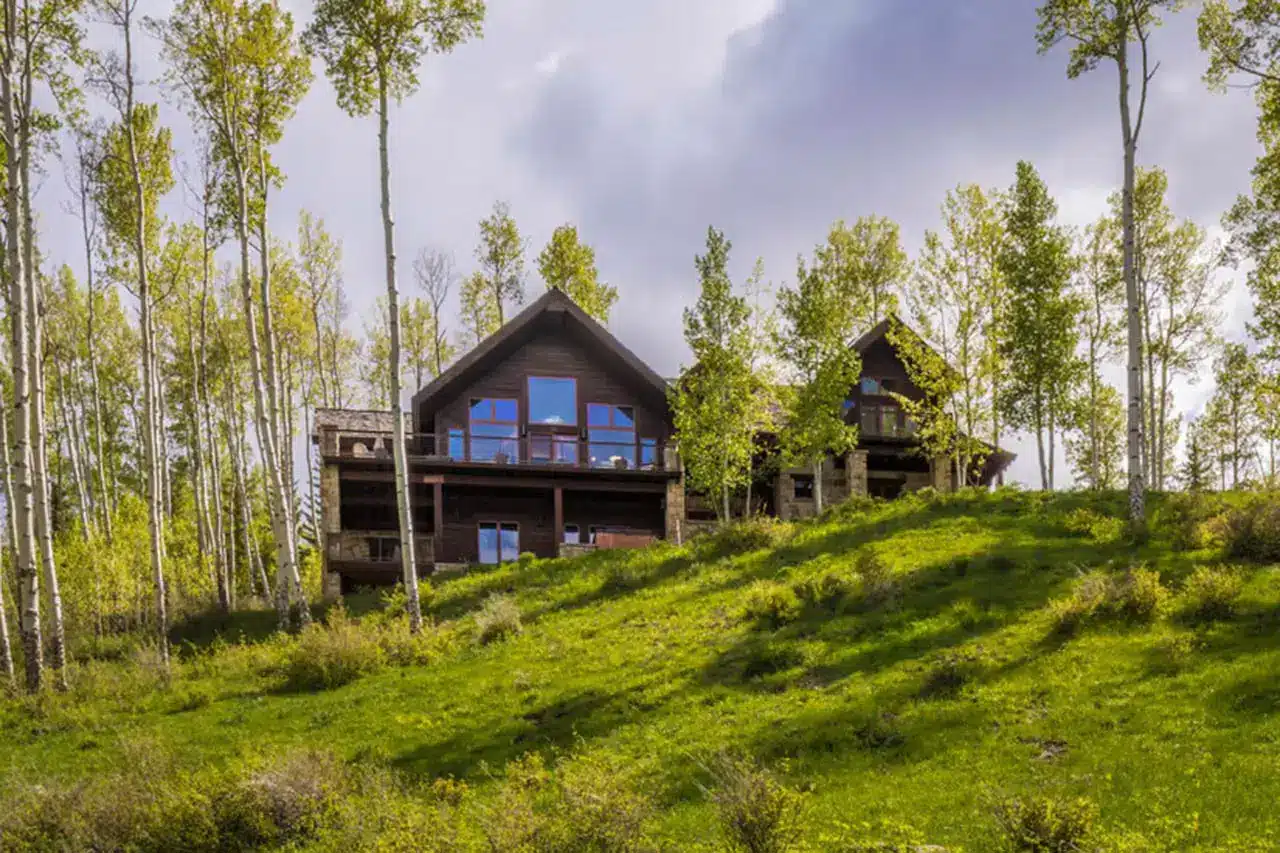 107 Joaquin Road, Telluride, Colorado real estate listing exterior with green grass and leafy aspen trees.