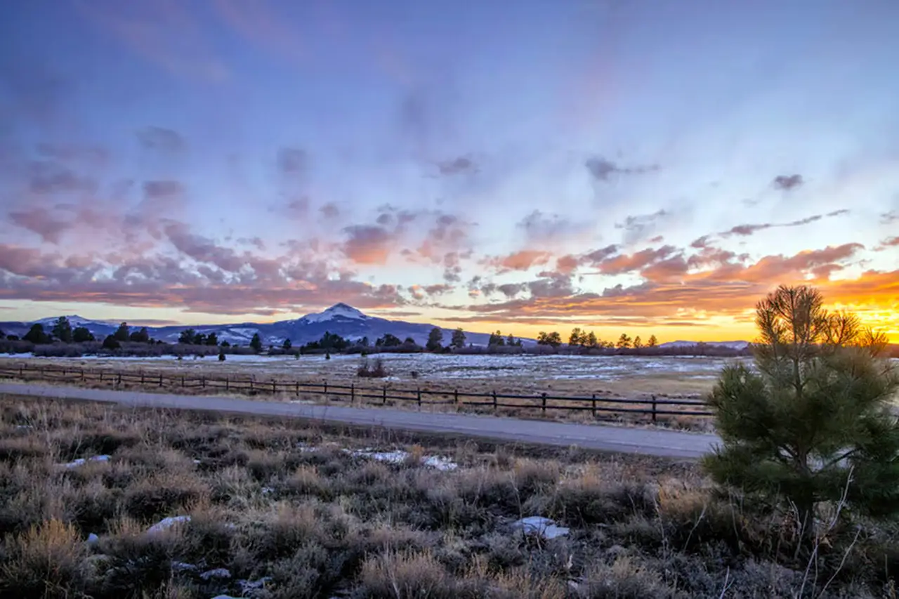 1400 Peninsula Drive, Placerville, Colorado real estate listing winter photo of wooded snowy land at sunset with mountains in background.