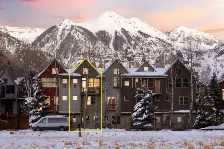 240 Mahoney Drive, Telluride Shimkonis Partners real estate listing, 240 Mahoney Drive, Telluride, winter exterior with snowy mountain views