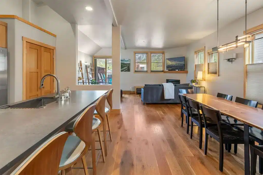 Shimkonis Partners real estate listing, 110 S Pine St, Telluride, bright, open living, dining area