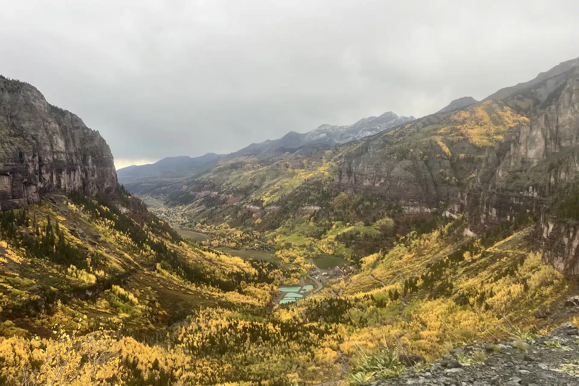 Town of Telluride fall splendor seen from Bridal Veil Falls