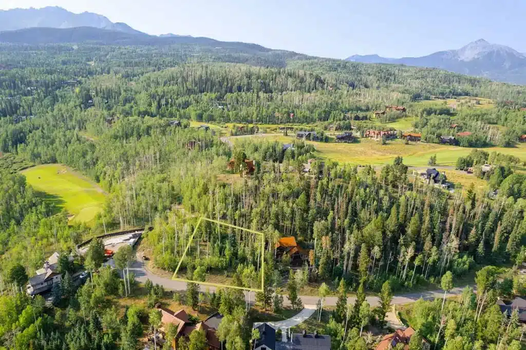 Summer aerial view Shimkonis Partners Telluride real estate listing, TBD Birdie Drive, Mountain Village