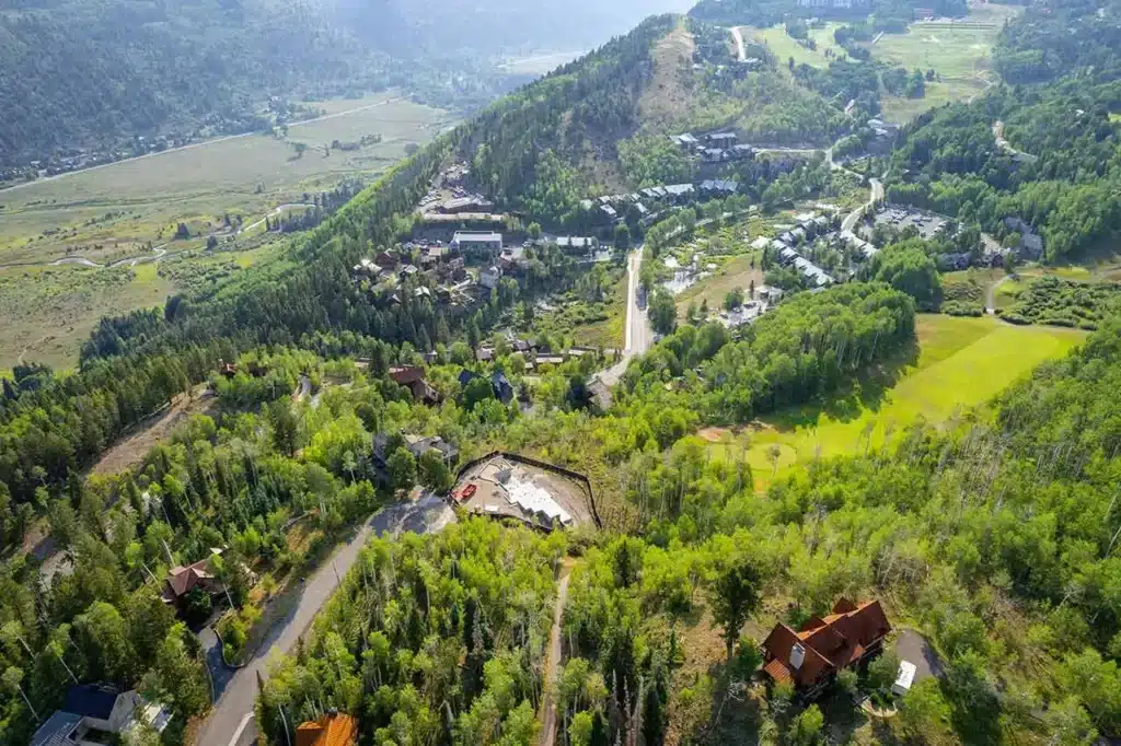 Summer aerial view Shimkonis Partners Telluride real estate listing, TBD Birdie Drive, Mountain Village